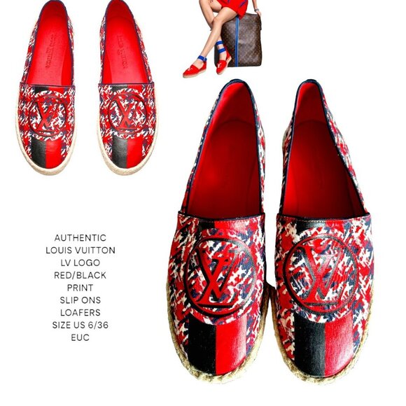 AUTHENTIC LOUIS VUITTON LV LOGO RED/BLUE PRINT FLATS LOAFERS SIZE 6/36 EUC - Picture 1 of 9